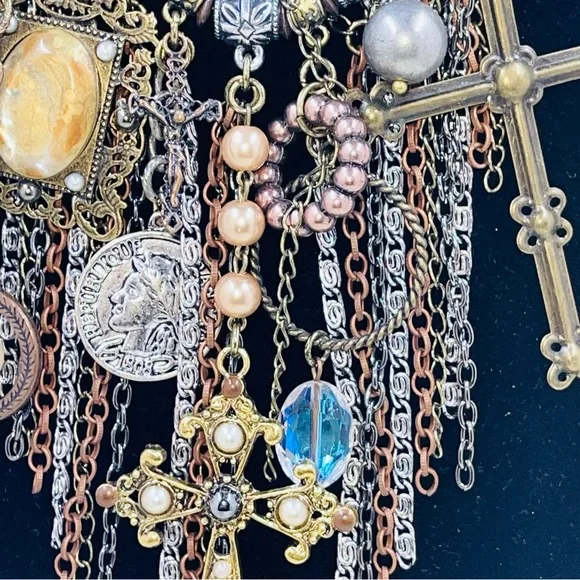 Treska Artisan Necklace Statement NEW Cross Coin Beaded Multicolored Funky Boho - Picture 11 of 14